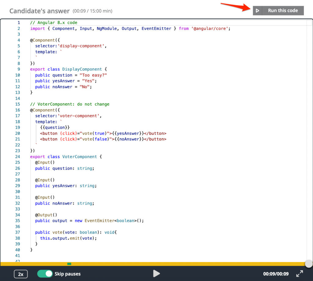 The playback screen with candidate code at the top portion of the screen. In the top right an arrow points to the "run this code" button".