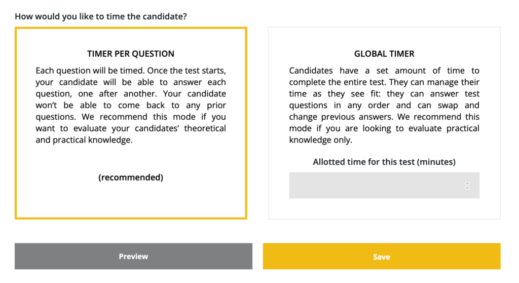 How would you like to time the candidate? Timer per question (recommended) option and global timer option are displayed with the timer per question box highlighted. 
