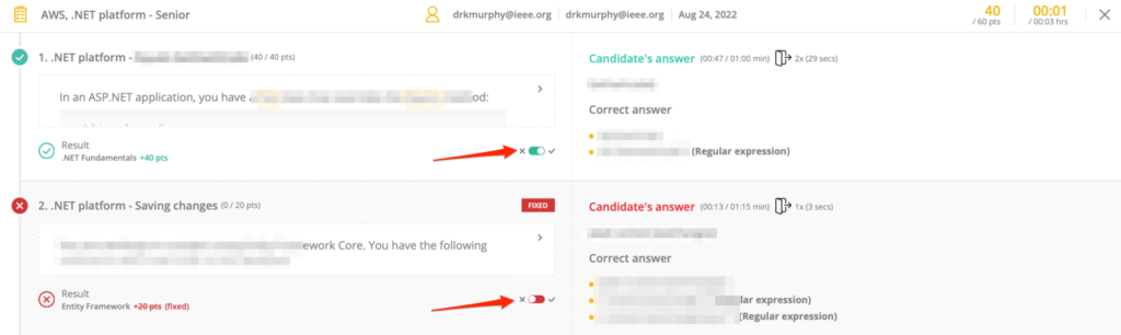 Two questions displayed with arrows pointing to the "fixed" toggle which is an x on the left and a check mark on the right. The top question has the question toggled as correct and the bottom question has it toggled as incorrect.