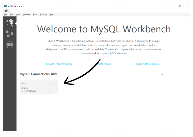 An arrow pointing to where you click to connect to a MySQL instance in MySQL Workbench