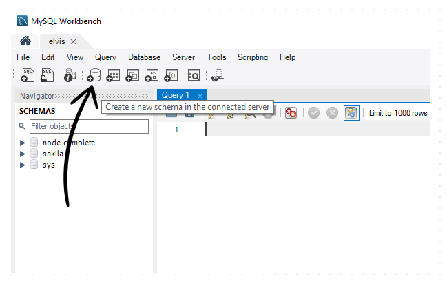 An arrow pointing to the button you click to create a new schema in MySQL Workbench