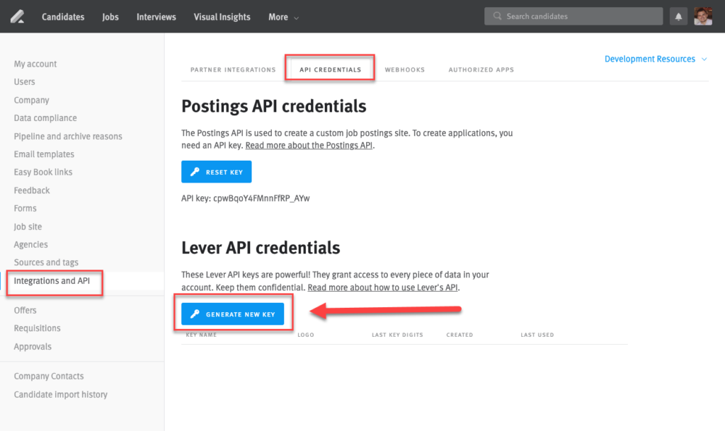 The account dashboard is shown with the "integrations and api" menu item highlighted in the left nav. in the center of the screen the "api credentials" tab is highlighted. under this tab there is an arrow pointing to the "generate new key" button in the "lever api credentials" section.