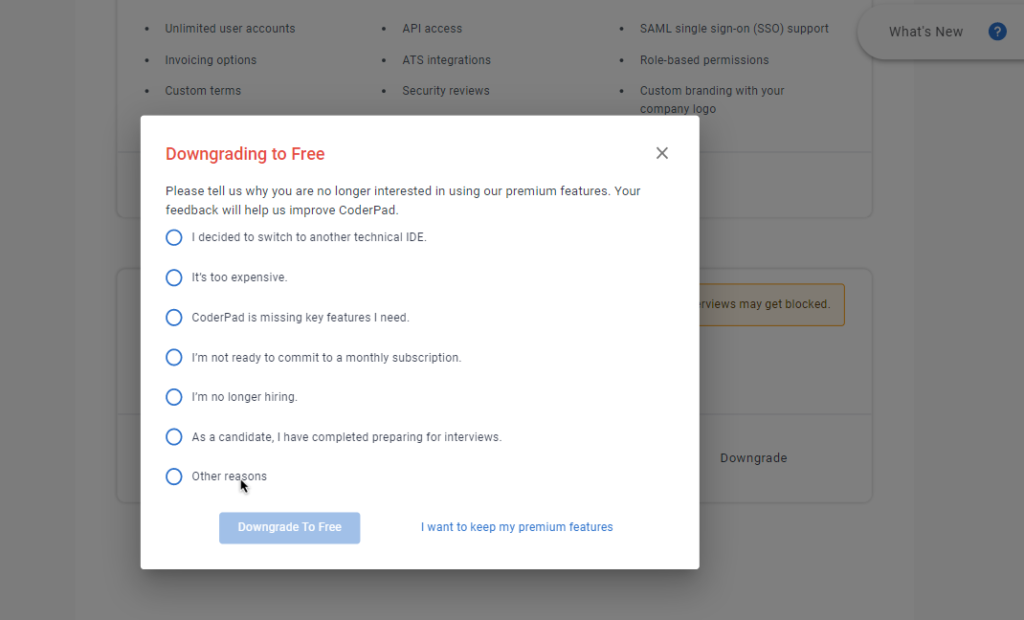 The downgrading to free window shown with a a request to select a reason for no longer using premium features. 