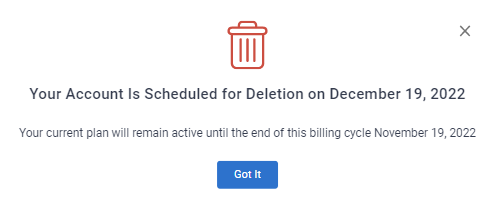 Account deletion verification screen with a "got it" button displayed.