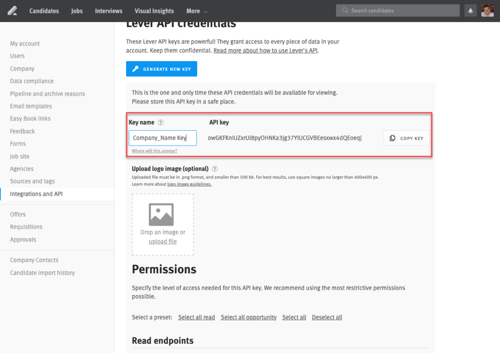 The API key section is highlighted in the "Lever API credentials" page.
