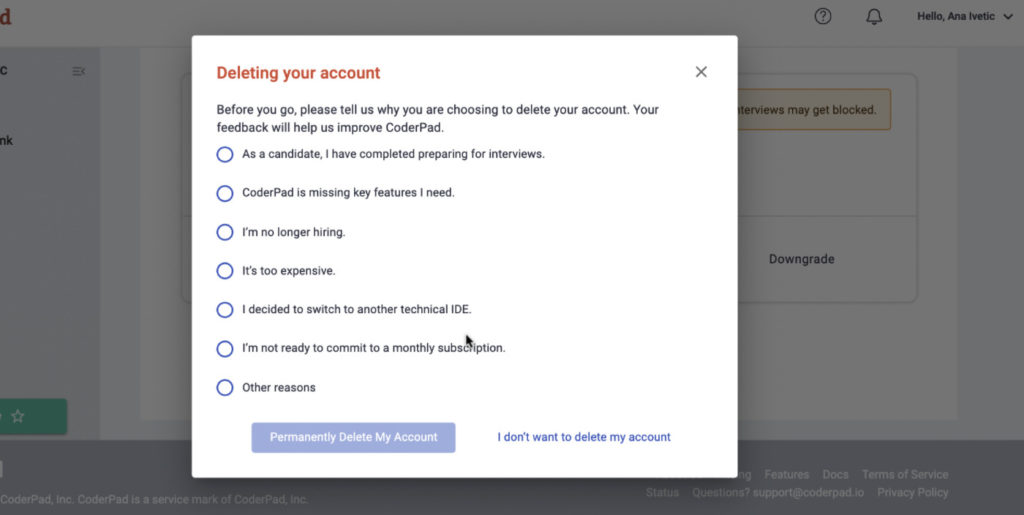 The account deletion window shown with a a request to select a reason for no longer wanting an account. 