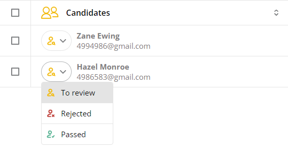 There's a list of candidates and one of the candidates has the candidate status drop down open with the options: "to review", "rejected", and "passed" shown.