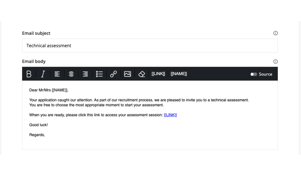 The customization tab is open with the email template shown -- the email subject and email body are open with template text populated.