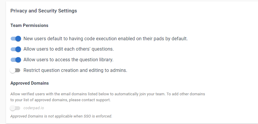 The privacy and security settings window with team permissions and approved domains options.