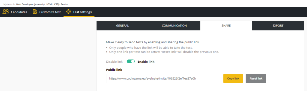 Dans les paramètres du test, l'onglet "partager" est sélectionné et un lien public est affiché.