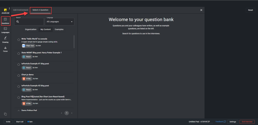 The "Select a question" tab is highlighted with the question bank shown below.