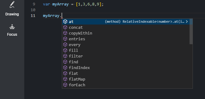 Un exemple d'autocomplétion, l'extrait de code "myArray" est affiché et le menu déroulant d'autocomplétion s'est ouvert avec le premier élément étant "at".