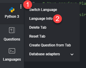 In the left tab menu there is a 1 next to the vertical ellipses of python and a 2 next to the "info" tab of the menu.
