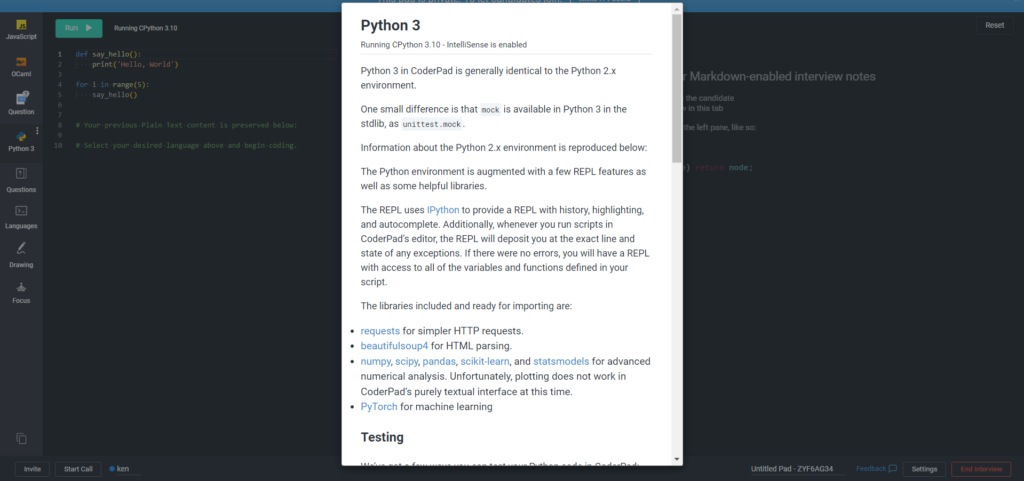 La page d'information sur python 3 est présentée dans le pad.