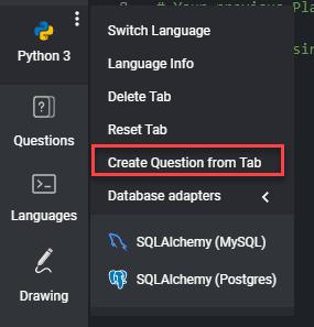 A tab menu item is open with the "create question from tab" item highlighted.