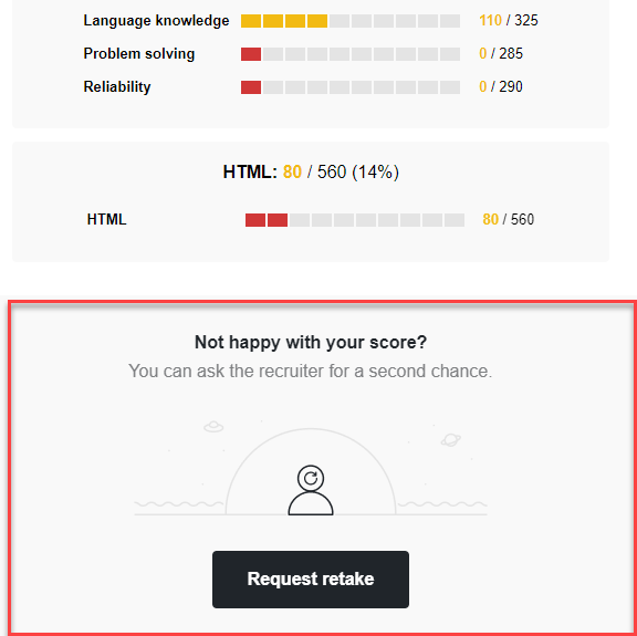 A results email with the request retake option shown at the bottom. the text reads: "Not happy with your score? You can ask the recruiter for a second chance".