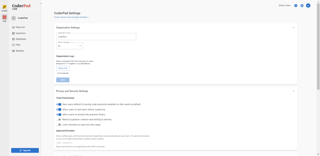 The team management page is shown with the "organization settings" and "privacy and security settings" sections shown.