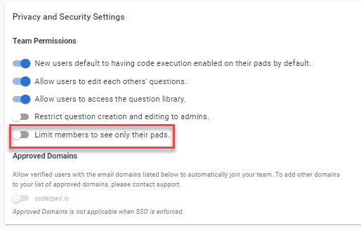 Sur la page "autorisations de l'équipe", dans la section "paramètres de confidentialité et de sécurité", le bouton "limiter les membres à voir uniquement leur pads" est en surbrillance.
