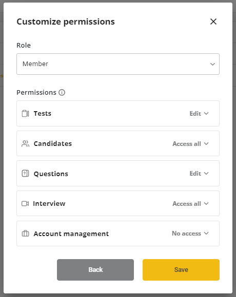 Permissions customization screen. Can edit permissions for tests, candidates, questions, interview, and account management.