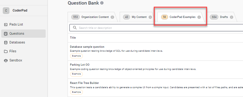 Question bank with the "coderpad examples" tab highlighted.