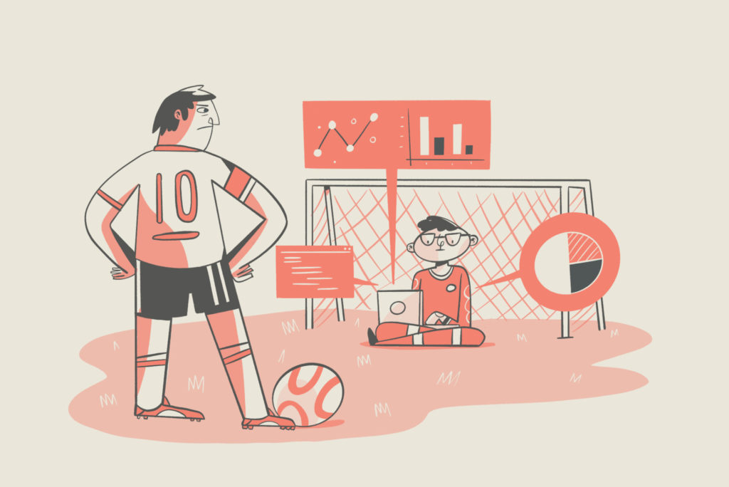 A player and a data analyst on the football pitch.
