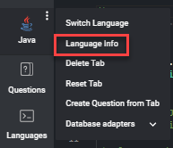 Les options du langage Java sont affichées, avec "info langue" en surbrillance.