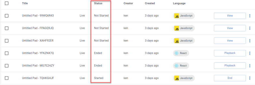 A pads list with the status column highlighted.