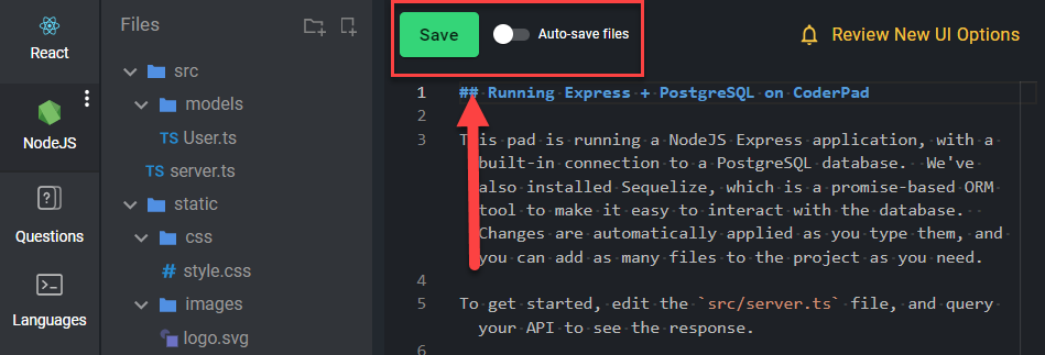 Auto-save file is turned off and the "Run" button has been changed to a "save" button.