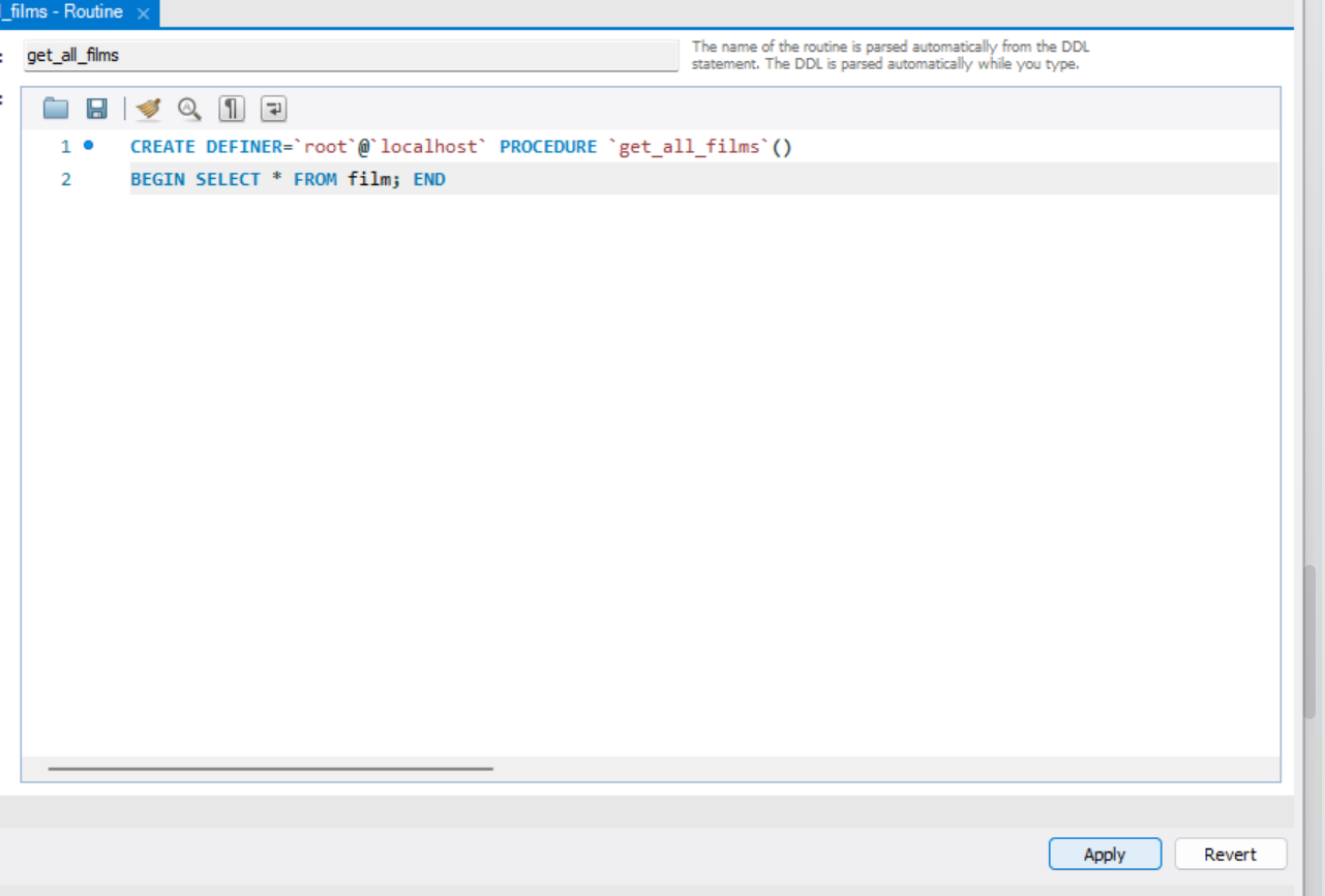 An image showing the stored procedure edit window in MySQL Workbench