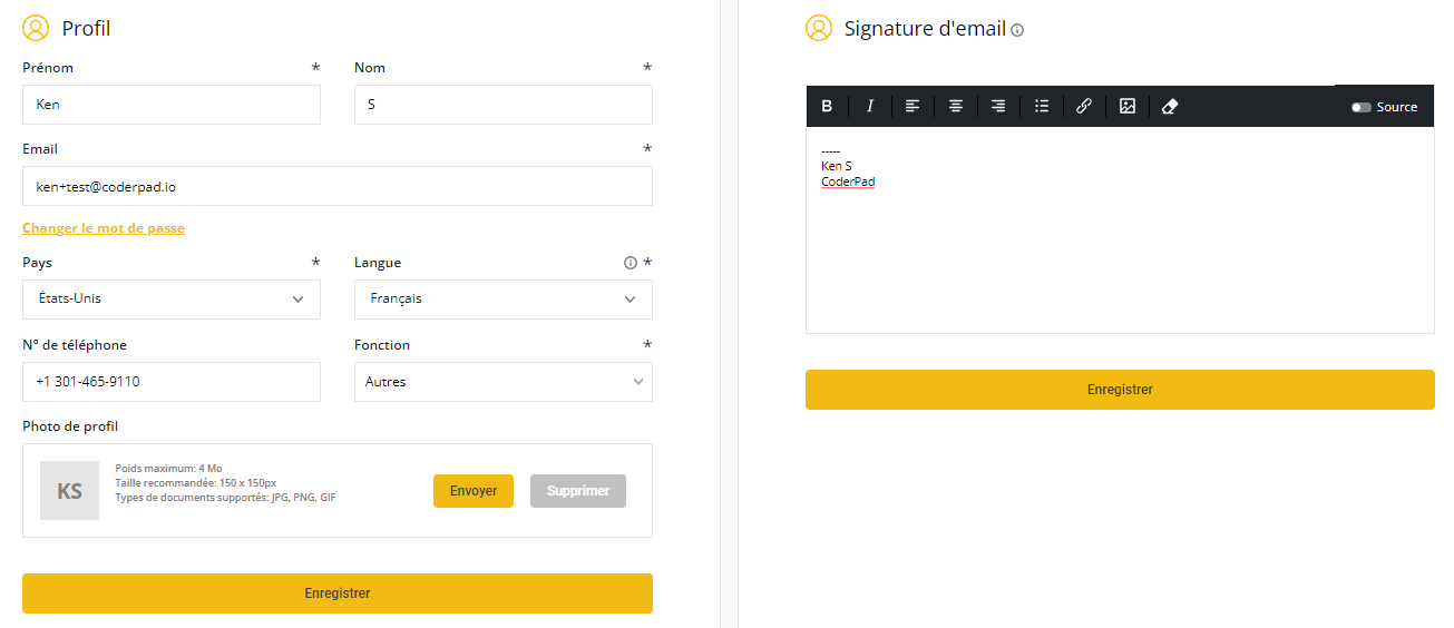 L'écran du profil de l'utilisateur est illustré à gauche et la fenêtre de signature de l'e-mail est à droite.