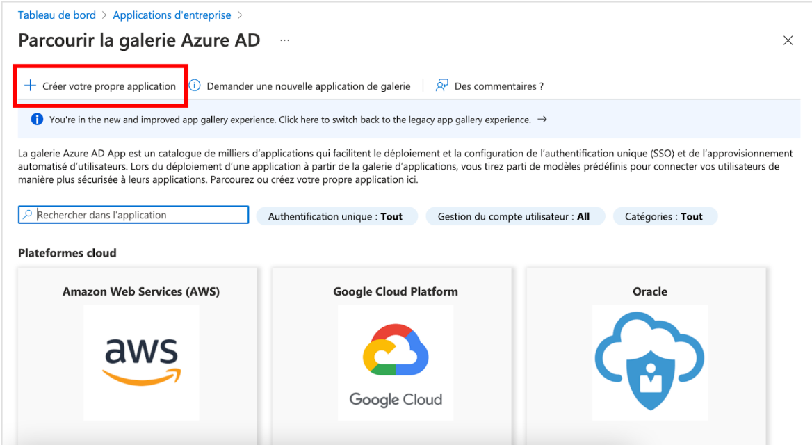 Page de la galerie Azure AD avec le bouton "créer votre propre application" en surbrillance.