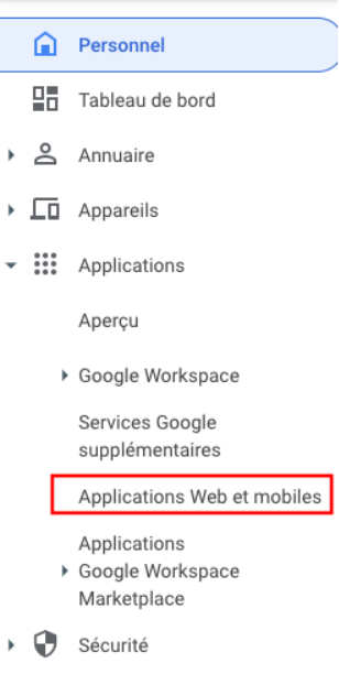 Le menu des applications a été élargi et le sous-élément "applications web et mobiles" est mis en évidence.