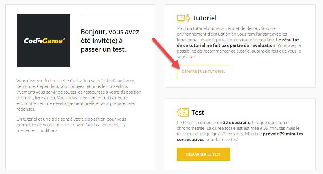 Page de tutoriel à l'écran avec les options de démarrage du tutoriel ou de démarrage du test.