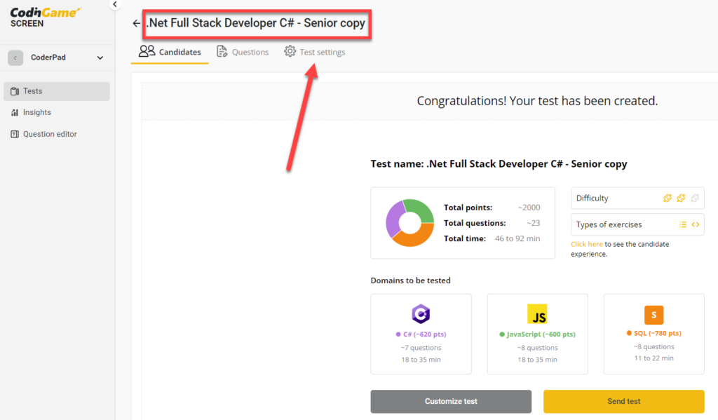 Screen dashboard with one arrow pointing towards the word "copy" in the test name at the top. Another arrow is pointing towards the "test settings" tab at the top of the screen.