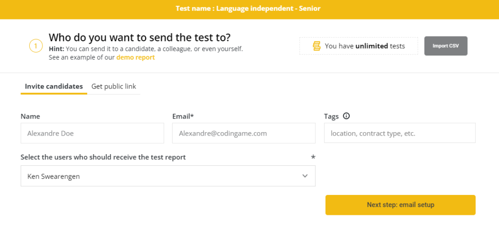 The test invitation screen is shown for a test. The "invite candidates" tab is shown with the name, email, and tags field.