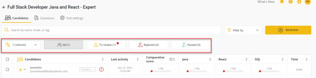 The top of the candidates tab is shown with the search bar shown and a set of tabs showing candidate statuses.