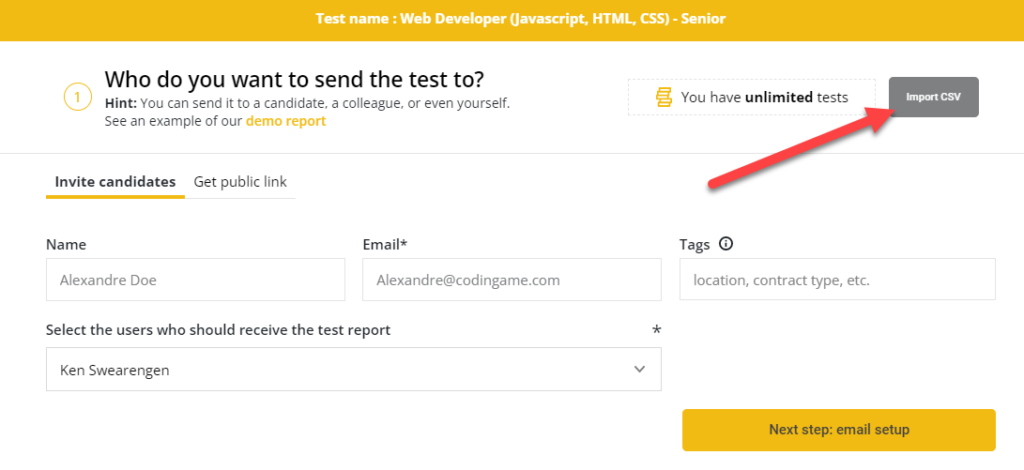 Test invitation page shown with an arrow pointing towards the "import csv" button in the top right of the screen.