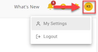 An arrow pointing to the user's initials with a drop down giving the option to select either my settings or logout.