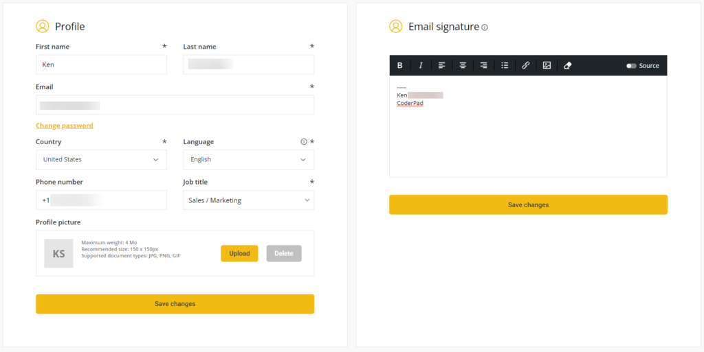 User profile screen is shown on the left and the email signature window is on the right.