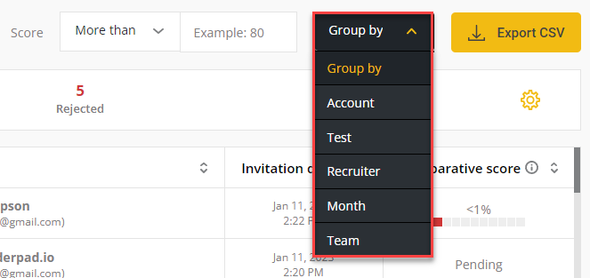 The "group by" option shown with the test, recruiter, and month options displayed.