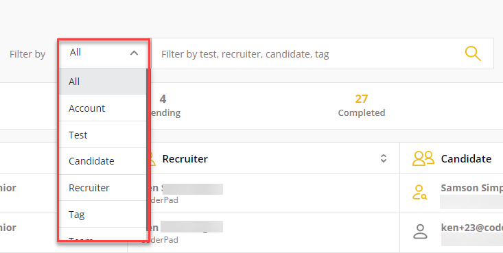 Drop down list is shown with all, account, test, candidate, recruiter, tag, and team options.