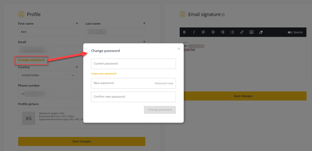 The change password pop up is shown with fields for current and new password.