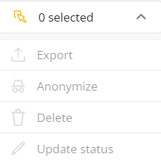 The bulk selection menu is shown with export, anonymize, update status, and delete items shown.