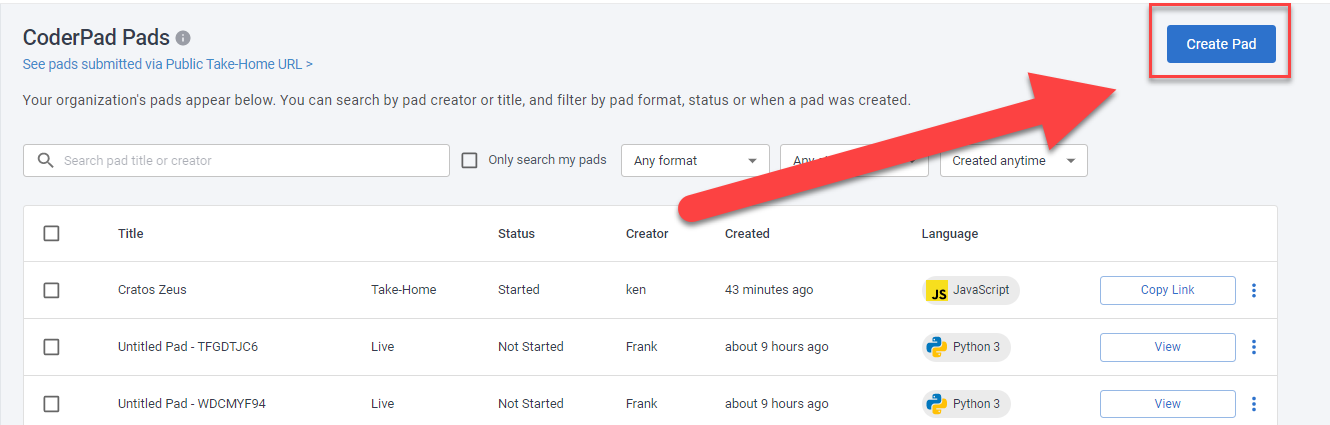 Interview dashboard with an arrow pointing to the "create pad" button in the pads list.