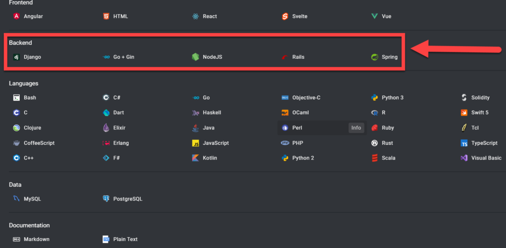 Screenshot of the list of backend frameworks available - django, go + gin, node.js, rails, and spring.