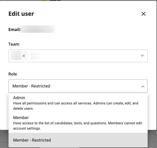 The role selection dropdown is shown. Admins says "have all permissions and can access all services. Admins can create, edit, and delete users.". The member role says "Have access to the list of candidates, tests, and questions. Members cannot edit account settings". Lastly there is member-restricted.