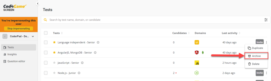 The tests dashboard is displayed with a highlighted ellipses next to a test and a drop down menu open with an arrow pointing towards the "Archive" menu item.