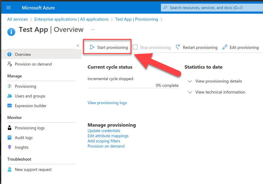 Azure dashboard with "Overview" highlighted in the left nav menu and an arrow pointing to the "Start provisioning" button in the center of the screen.