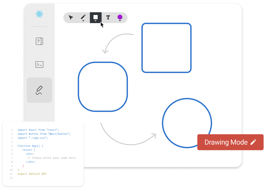CoderPad Interview includes visual drawing tools for system diagraming and concept sketching.