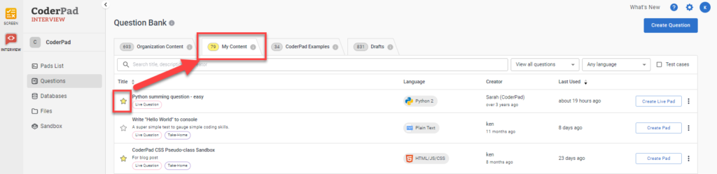 Question bank with a star on the left of a selected question and an arrow pointing to the "my content" tab.